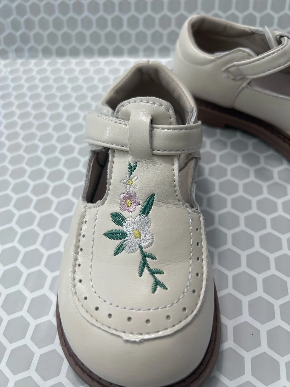 Girls Cream Oxford Shoes with Floral Embroidery & Velcro Straps